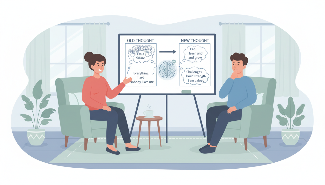 Therapist and patient in a cognitive behavioral therapy session reframing negative thoughts