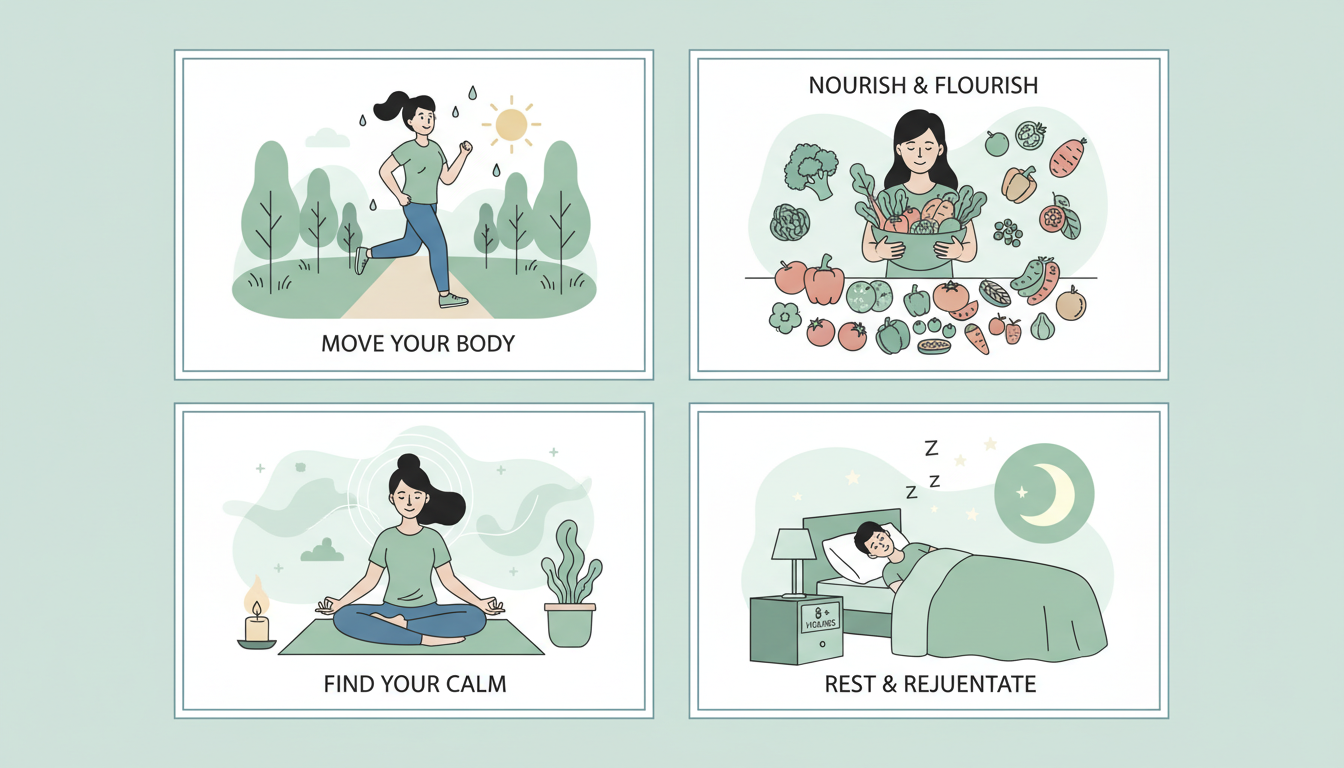Four-panel infographic showing healthy lifestyle habits for managing anxiety including exercise, diet, yoga, and sleep