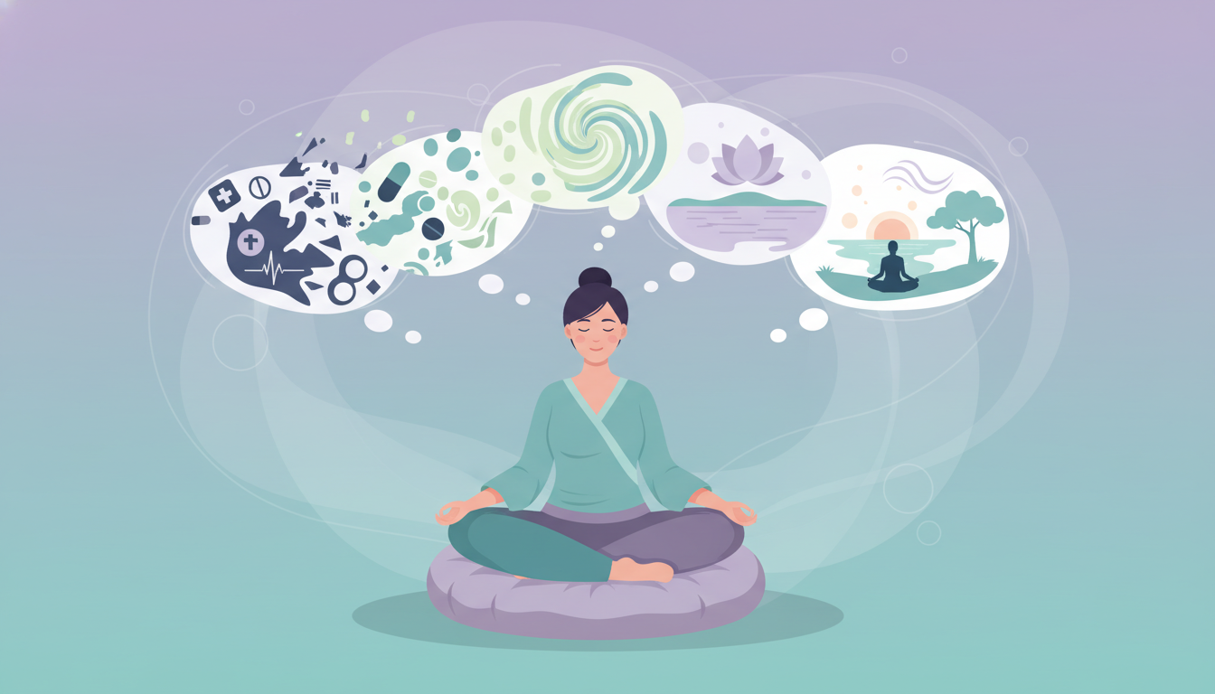 Person meditating with thought bubbles showing health worries transforming into peaceful imagery