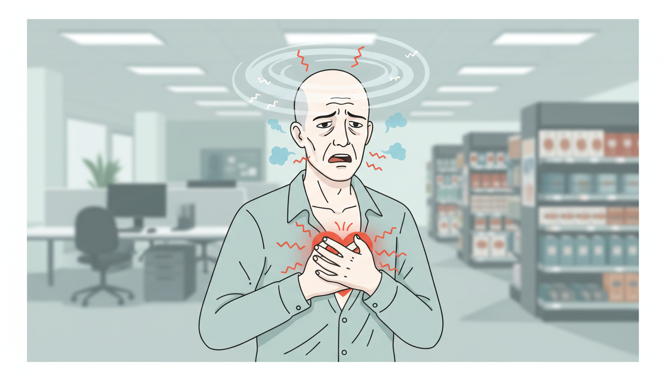 Person experiencing a panic attack in an everyday setting showing chest pain, dizziness and breathing difficulties
