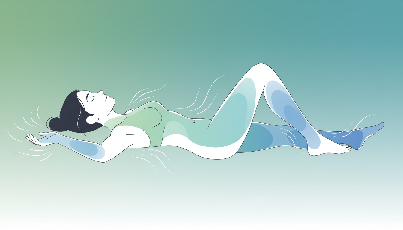 Person practising progressive muscle relaxation with highlighted body zones showing tension release