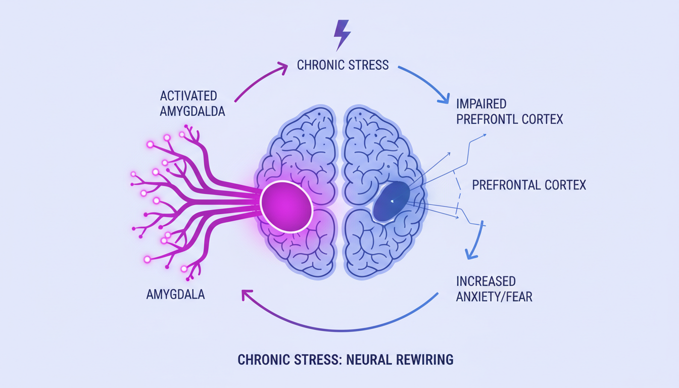 Brain diagram showing how chronic stress activates the amygdala and impairs the prefrontal cortex, increasing anxiety