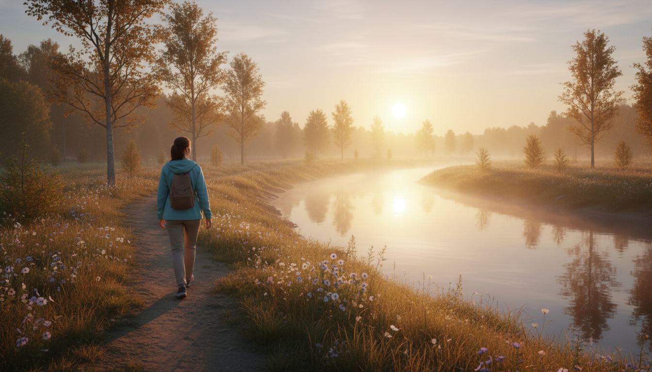 Person walking along a peaceful riverside path at sunrise symbolising the PTSD recovery journey