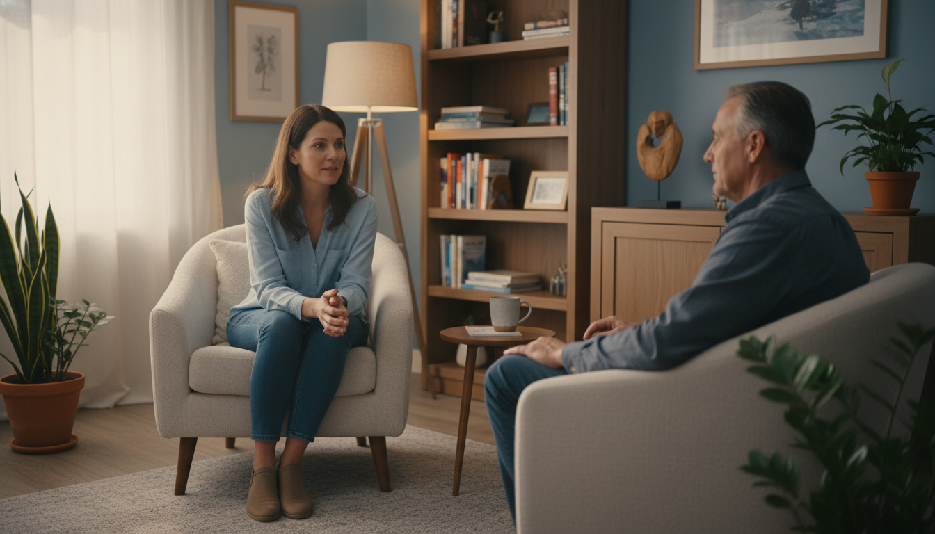 Person in a supportive therapy session for PTSD treatment in a safe therapeutic environment
