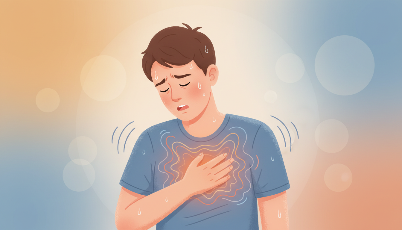 Person experiencing physical symptoms of anxiety including chest tightness and racing heart