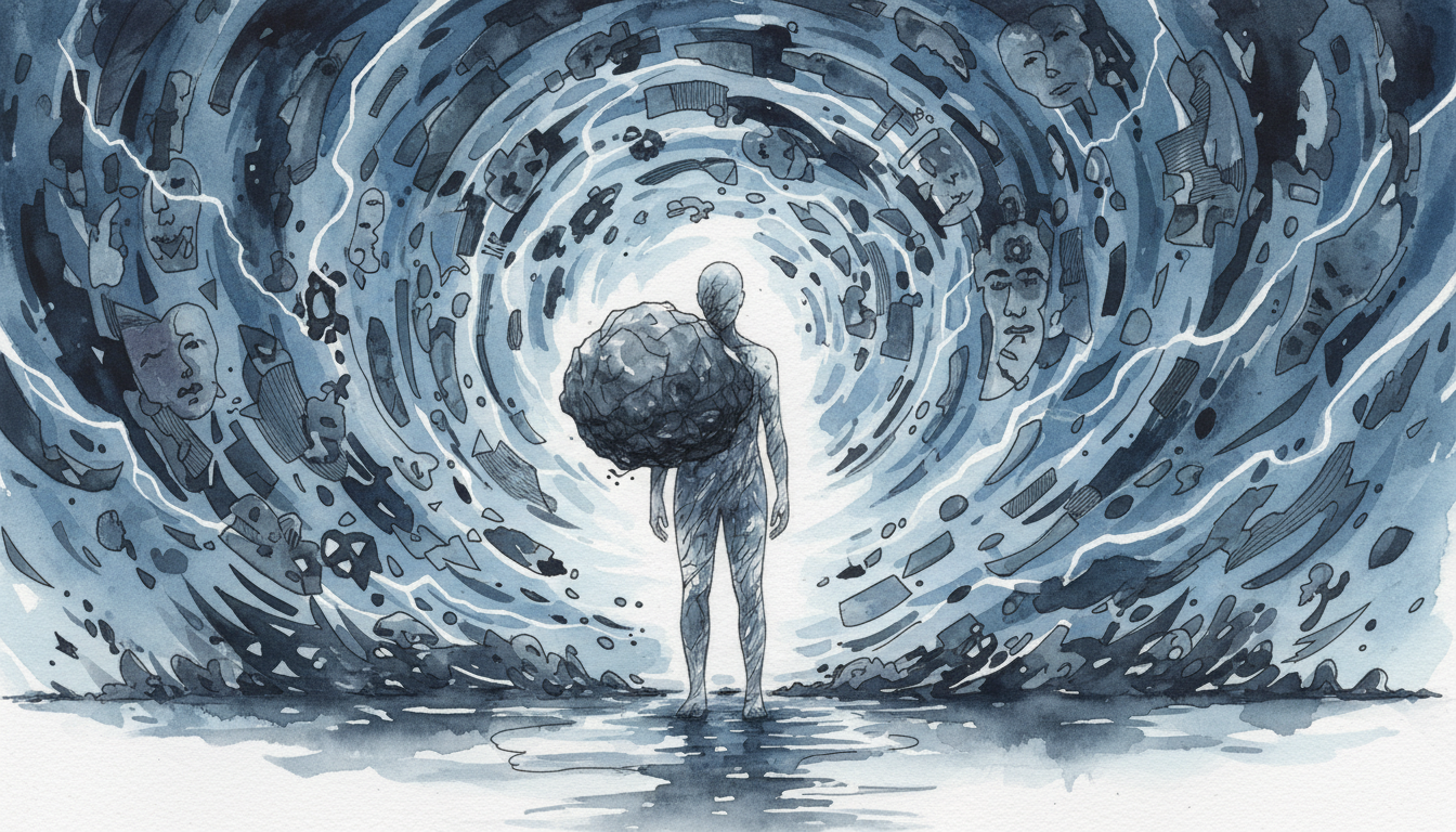 Watercolour illustration of a person standing in a storm of swirling thoughts representing what anxiety feels like