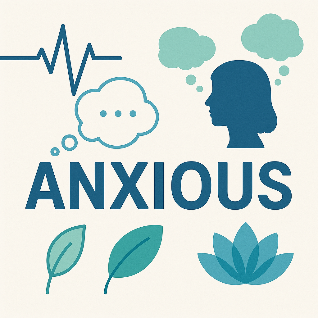 Educational infographic showing the word ANXIOUS with visual elements like heart rate line and calming symbols