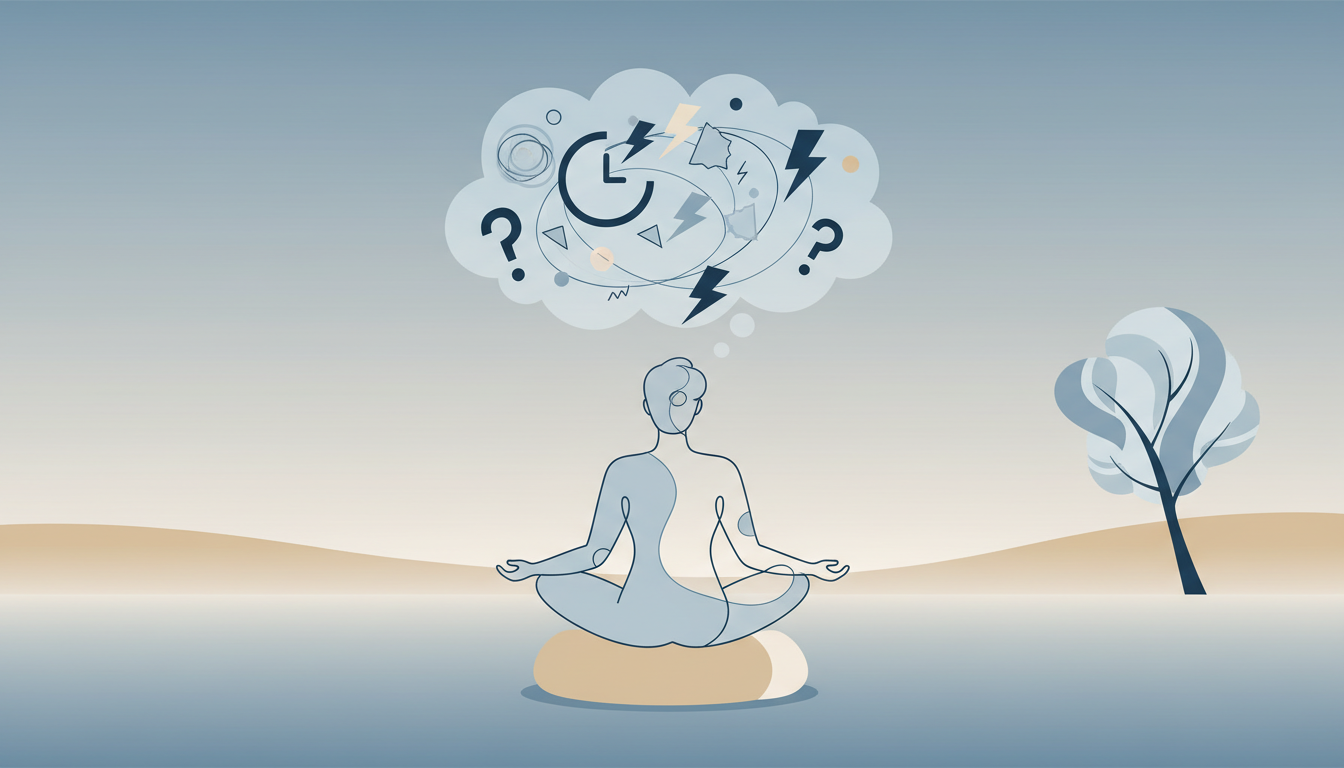 Person sitting with a thought cloud containing worry symbols representing anxiety as a natural emotion